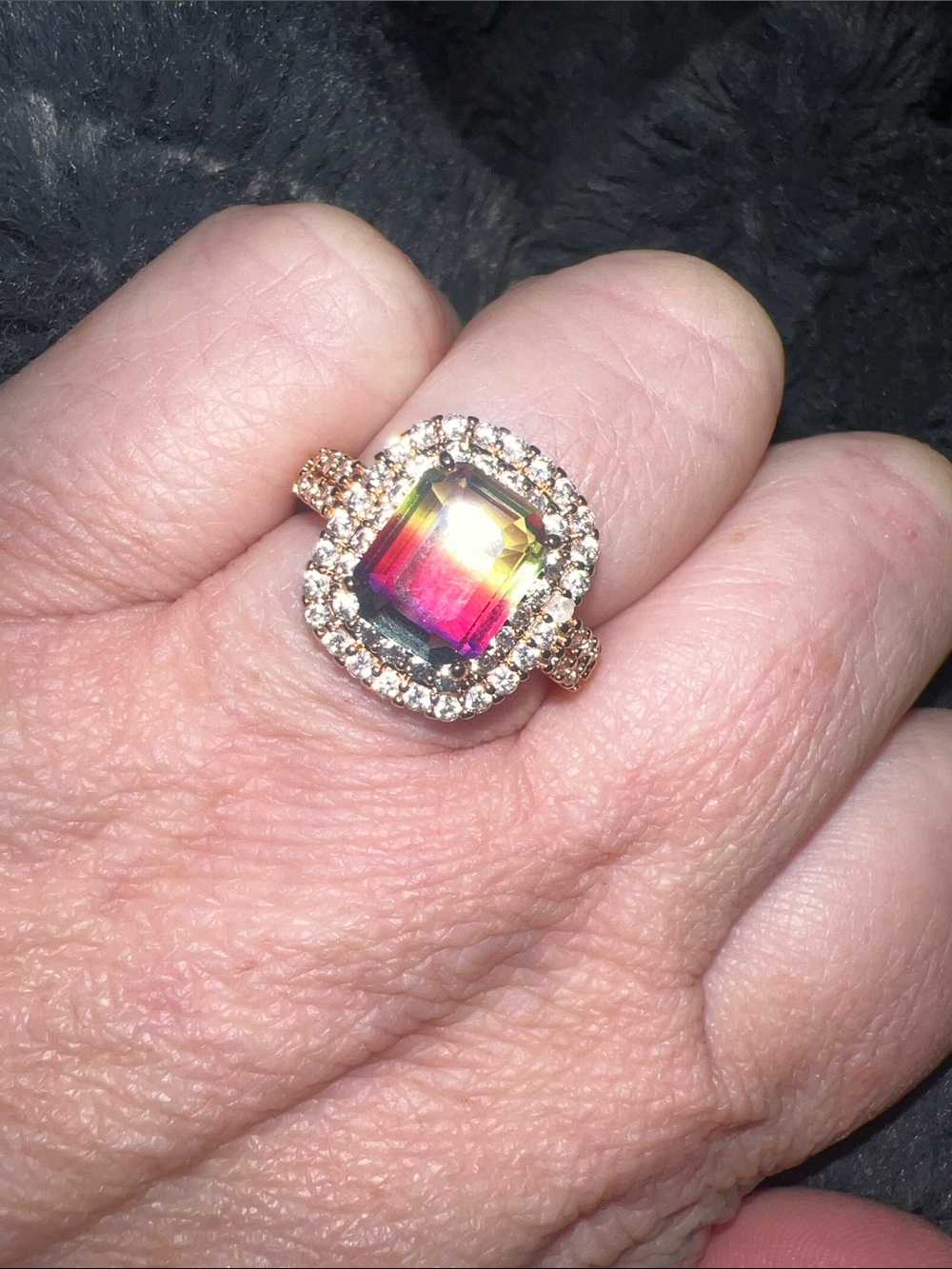 Rainbow aura Halo Ring with Gold Tone Setting